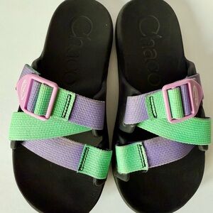 Chaco woman’s Sandals Black with Purple and Green Straps size 5 or youth 3.5 UEC